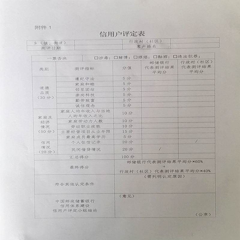 博采信用户评定表A4(张)